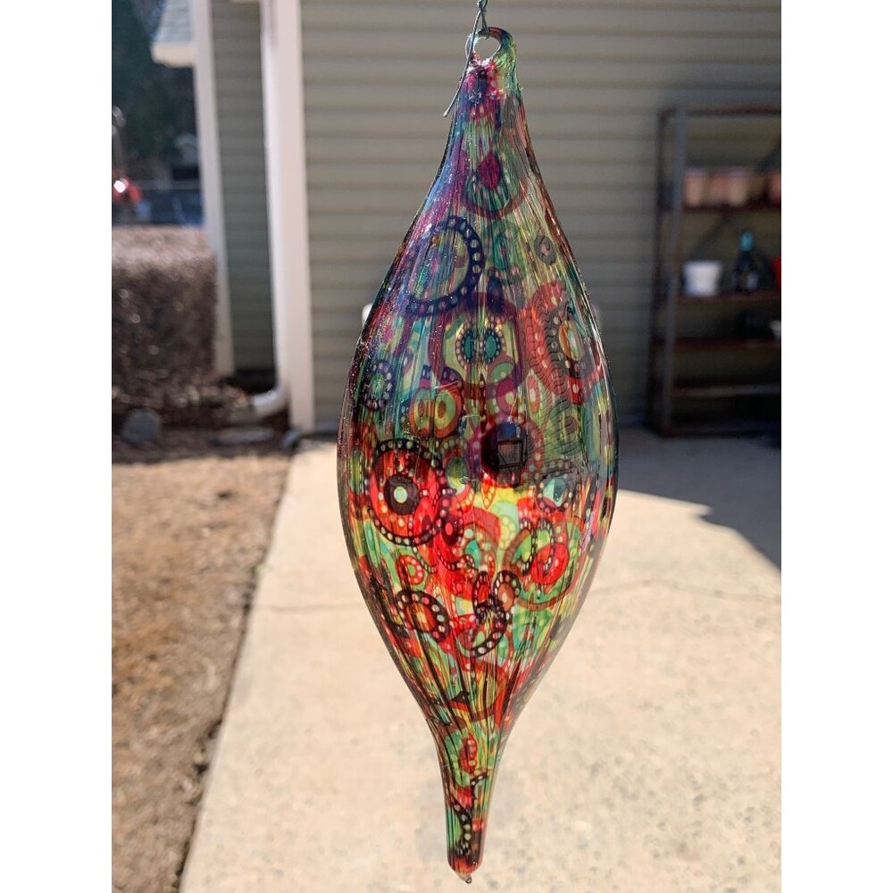 Handblown Glass Teardrop Ornament With Multicolor Abstract Design